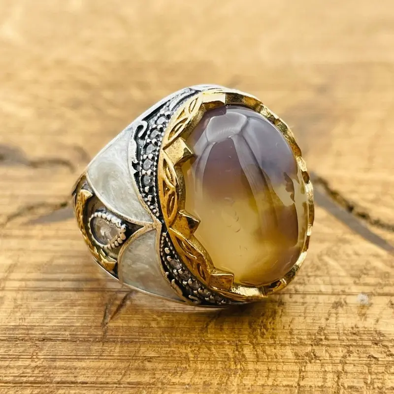Men's Bold Brown Agate Oval Ring - Handcrafted 925 Sterling Silver Turkish Gemstone Jewelry Gift