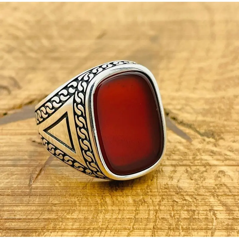 Men's Handmade 925 Sterling Silver Red Square Agate Ring - Authentic Gemstone Gift