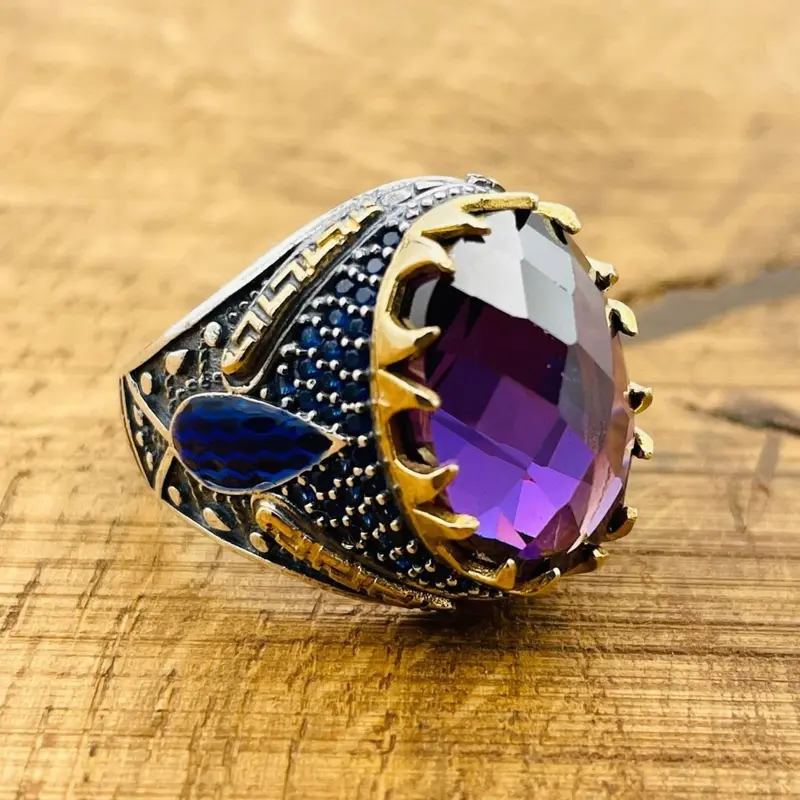 Men's Handmade Ottoman Sterling Silver Ring with Vibrant Purple Amethyst Oval Stone - Turkish Artisan Craftsmanship