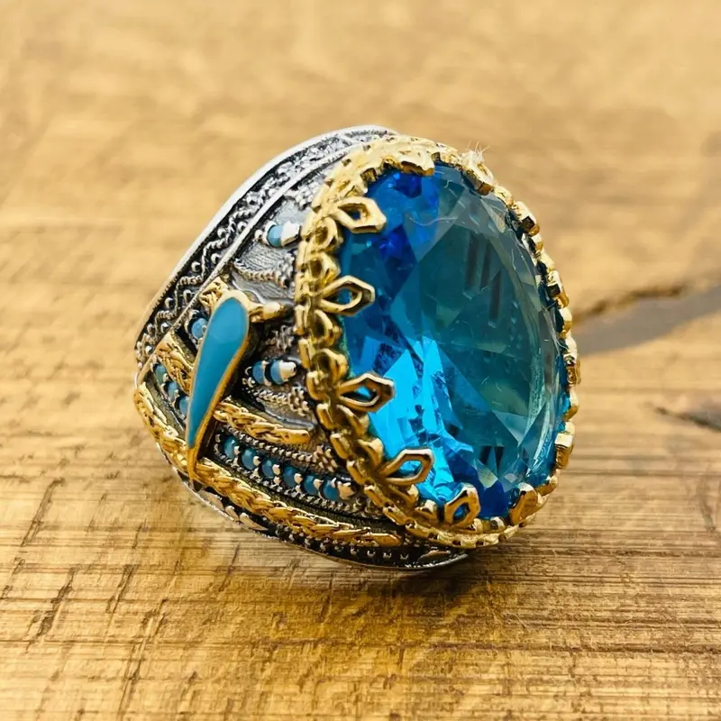 Men's Handmade Sterling Silver Aquamarine Oval Ring - Artisanal Turkish Craftsmanship