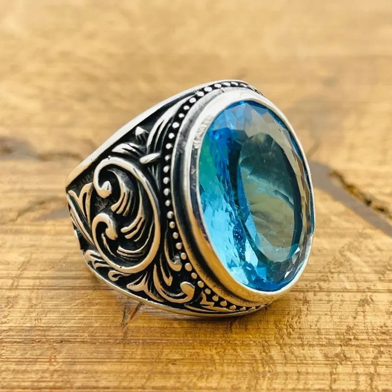 Men's Handmade Sterling Silver Aquamarine Oval Ring - Authentic Turkish Artisan Gemstone Jewelry