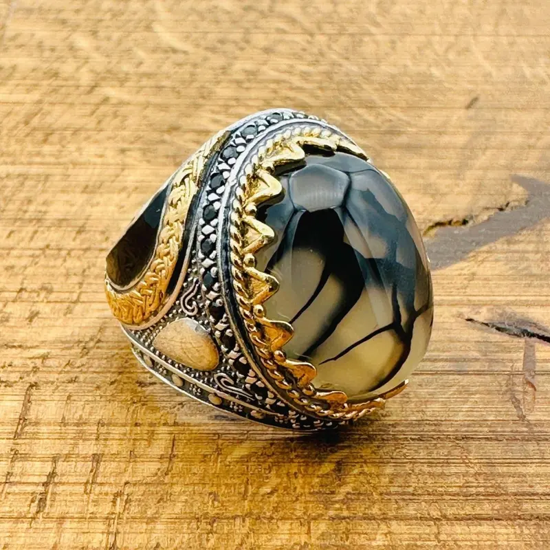 Men's Handmade Sterling Silver Black-Brown Agate Ring - Turkish Craftsmanship, Vintage Style