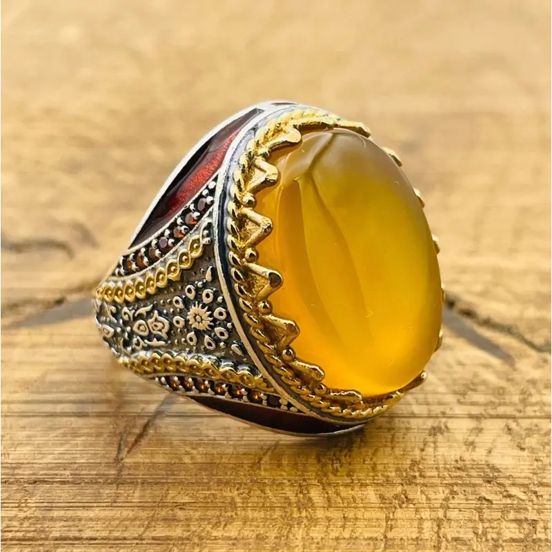 Men's Handmade Turkish Yellow Agate Oval Ring | 925 Sterling Silver Statement Jewelry
