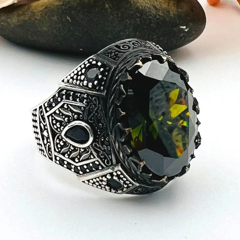 Men's Ottoman Style Peridot Sterling Silver Ring - Handcrafted Turkish Jewelry