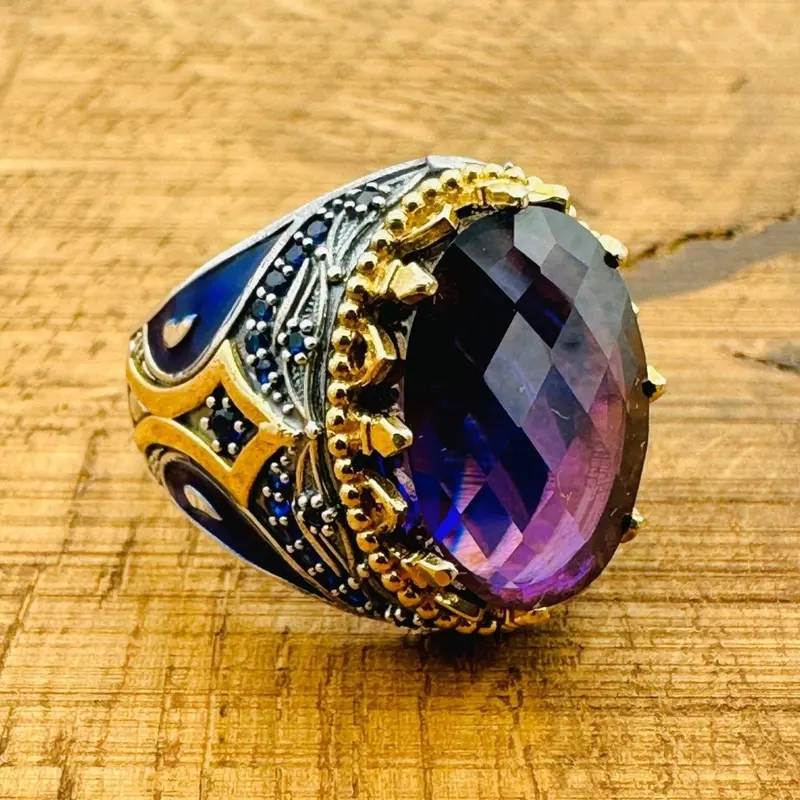 Men's Turkish Handmade 925 Sterling Silver Amethyst Oval Ring | Ottoman Style Gemstone Jewelry