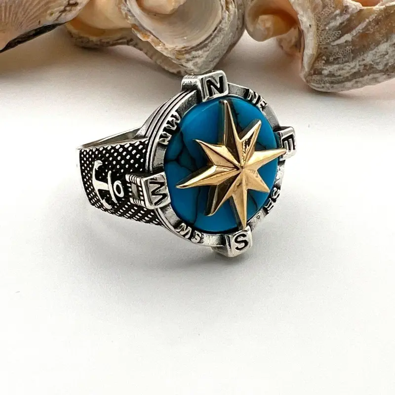 Men's Turkish Handmade 925 Sterling Silver Turquoise Compass & Anchor Ring | Nautical Theme Jewelry