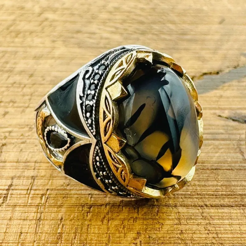 Men's Vintage Black-Brown Agate Sterling Silver Ring | Handmade Turkish Gemstone Jewelry