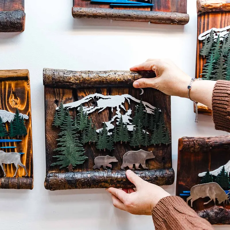 Mt St Helens Bear Scene Metal Wood Sculpture