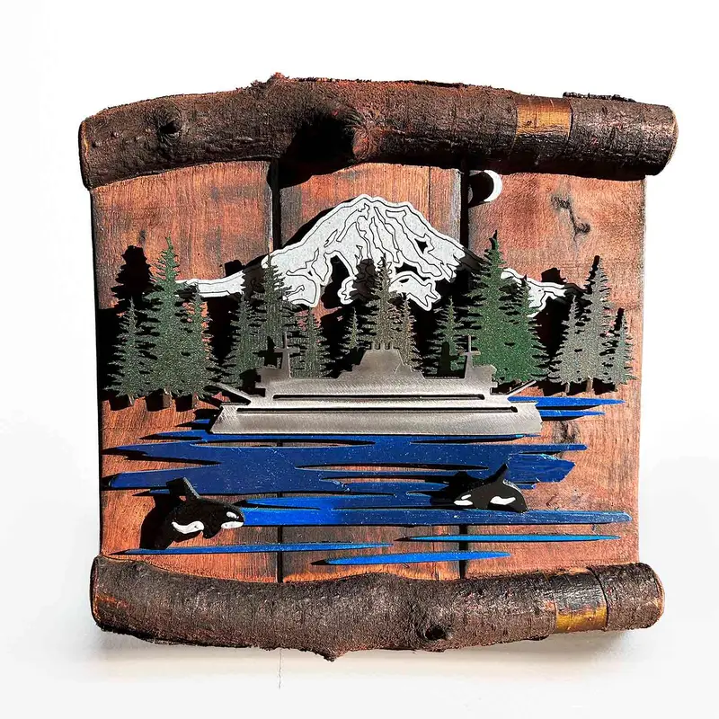 Rainier Ferry with Orcas Scene Metal Wood Sculpture