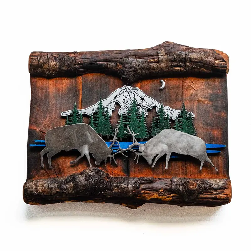 Rainier Fighting Elk Scene Metal Wood Sculpture