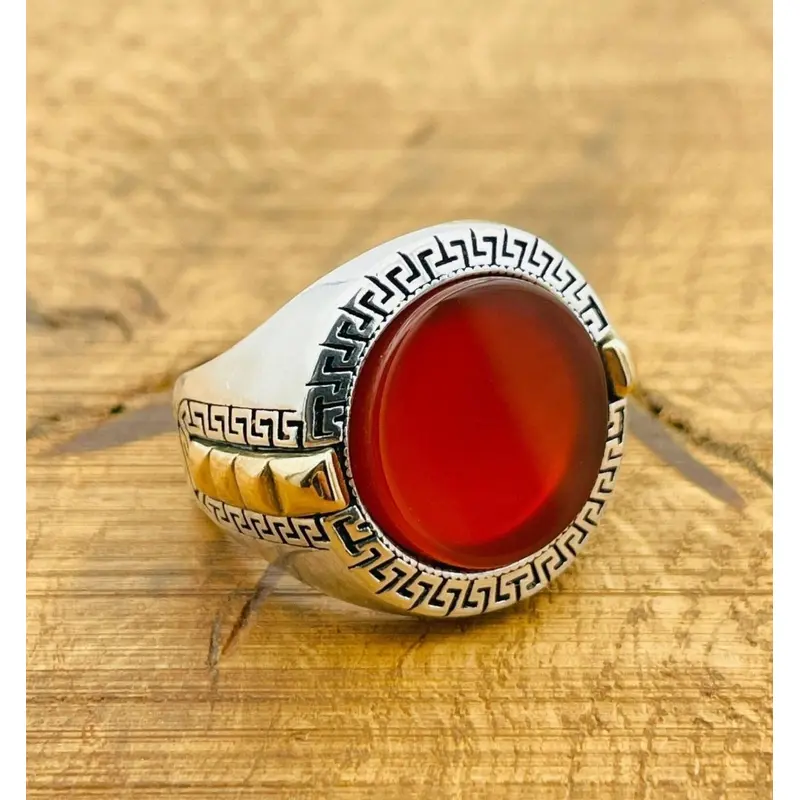 Turkish Handmade Men's 925 Sterling Silver Ring with Natural Red Aqeeq Stone - Authentic & Unique Gift