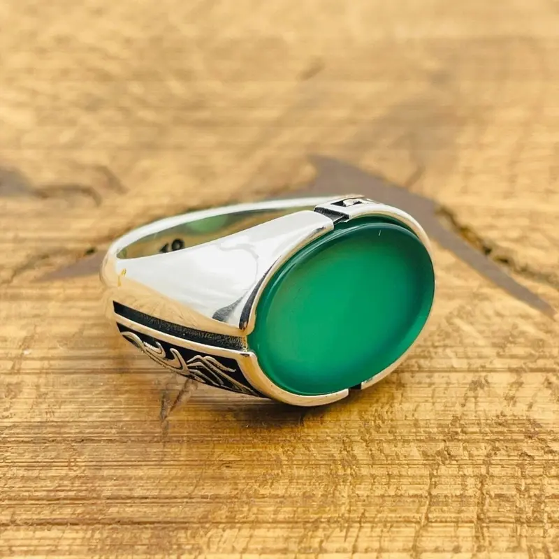 Turkish Handmade Men's Green Agate Sterling Silver Oval Ring - Artisan Vintage Style Jewelry