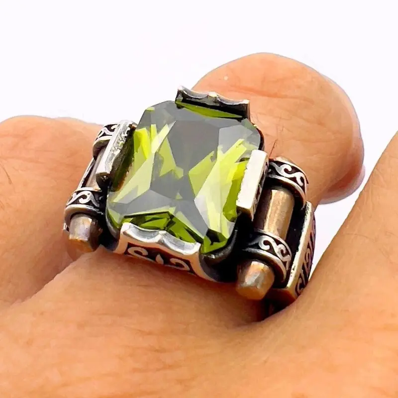 Turkish Handmade Ottoman Sterling Silver Men's Ring with Vivid Green Peridot Gemstone