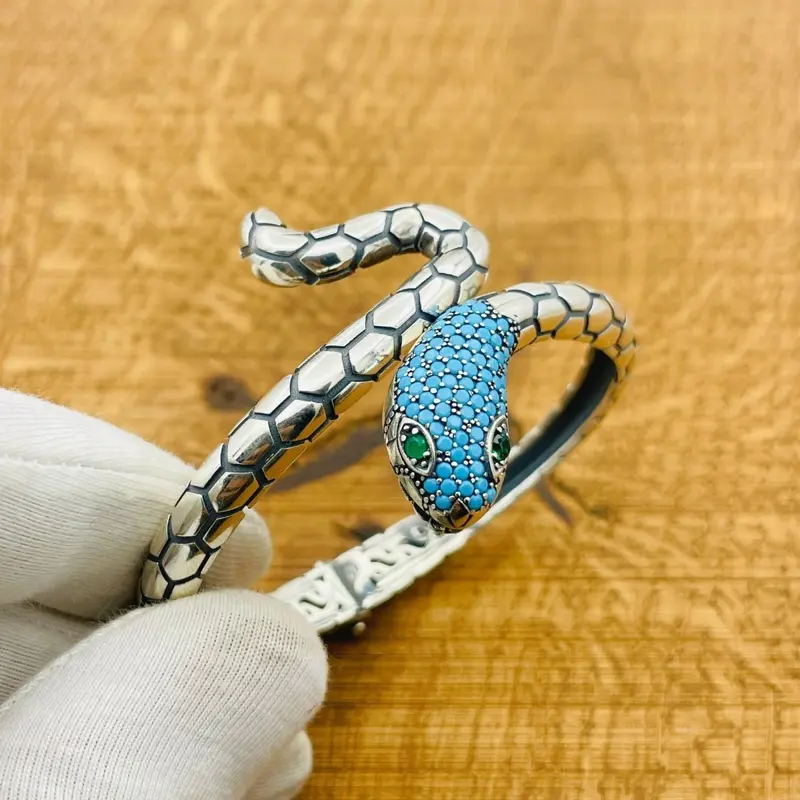 Turkish Handmade Sterling Silver Turquoise Snake Bracelet - Adjustable Artisan Jewelry