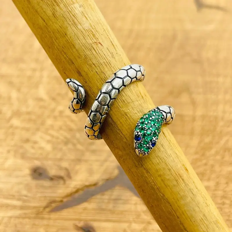 Artisan Turkish Handmade 925 Sterling Silver Adjustable Emerald Snake Ring
