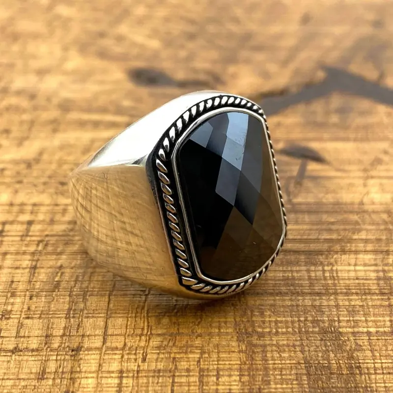 Authentic Handmade Turkish Sterling Silver Men's Ring with Black Zircon Gemstone - Bold & Elegant Gift for Him