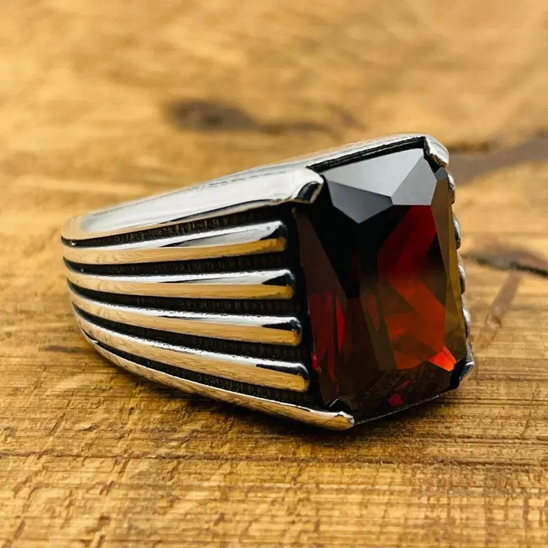 Authentic Turkish Handmade Men's Ruby Square Ring - 925 Sterling Silver Gemstone Jewelry, Gift-Ready