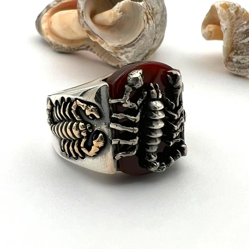 Bold Red Agate Scorpion Men's Ring - Handcrafted Ottoman 925 Sterling Silver Turkish Artisan Jewelry