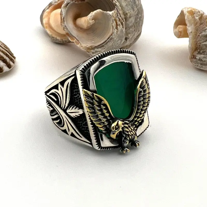Distinctive Men's Handmade 925 Sterling Silver Agate Eagle Ring - Turkish Artisan Gemstone Jewelry