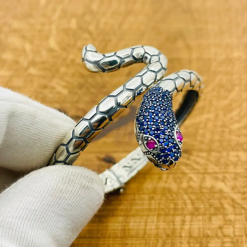 Elegant Blue Sapphire Snake Cuff Bracelet - Handmade 925 Sterling Silver Turkish Artisan Jewelry