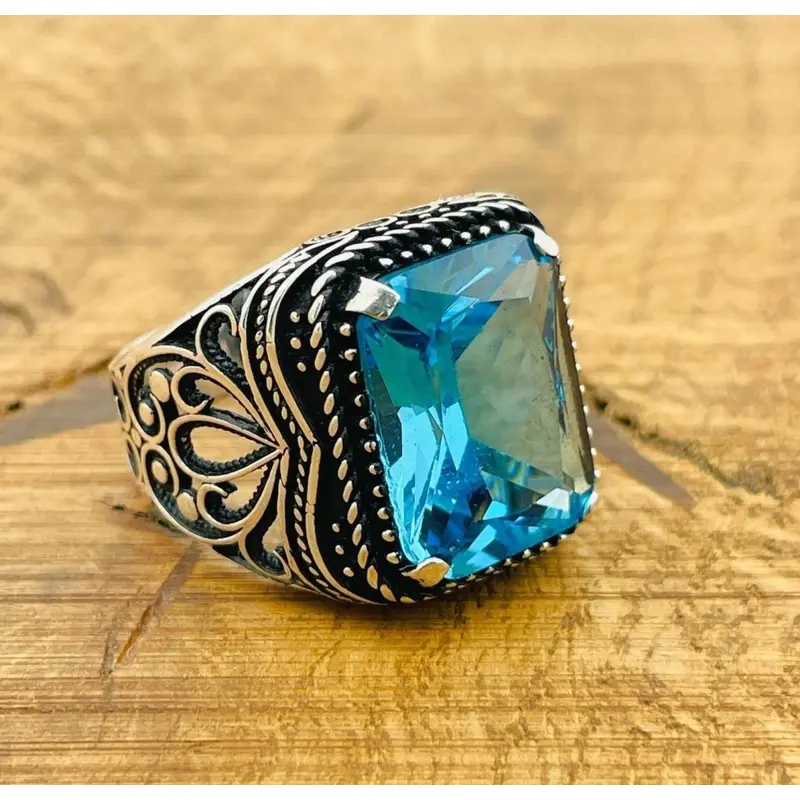 Elegant Men's Turkish Handmade Aquamarine Sterling Silver Square Ring