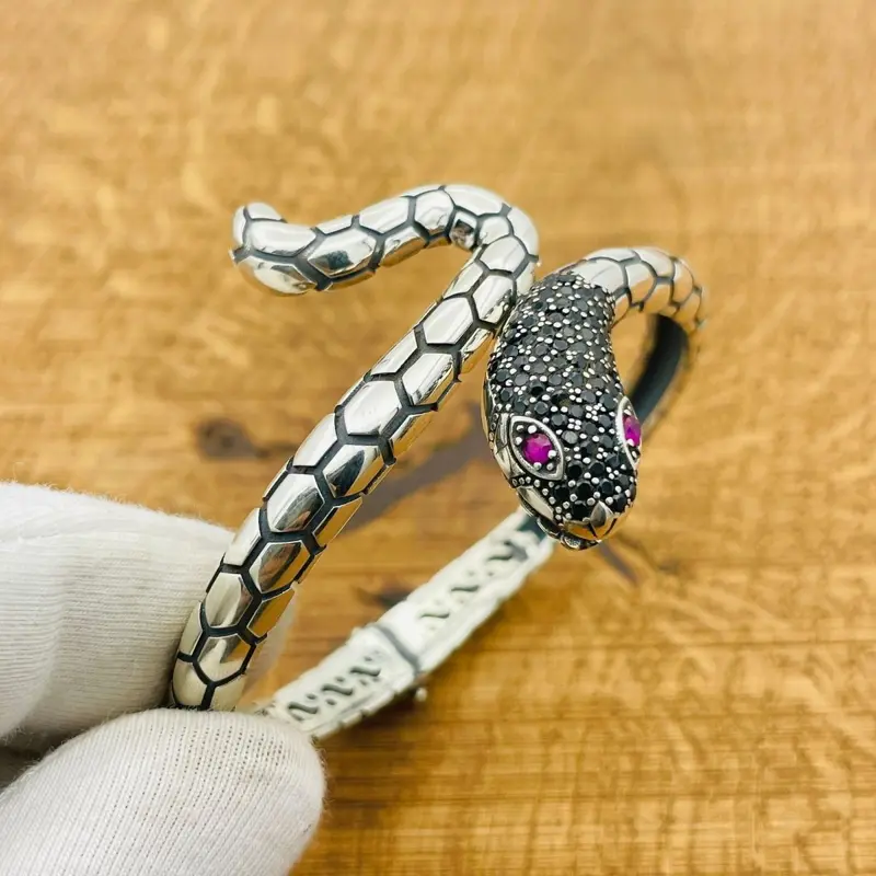 Exquisite Handmade Sterling Silver Black Onyx Snake Bracelet - Adjustable Turkish Artisan Women's Jewelry