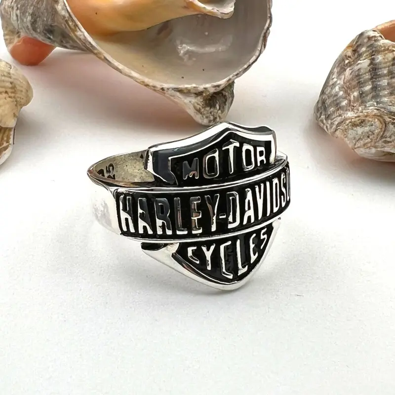 Handcrafted Sterling Silver Biker Signet Ring with Harley Davidson Emblem