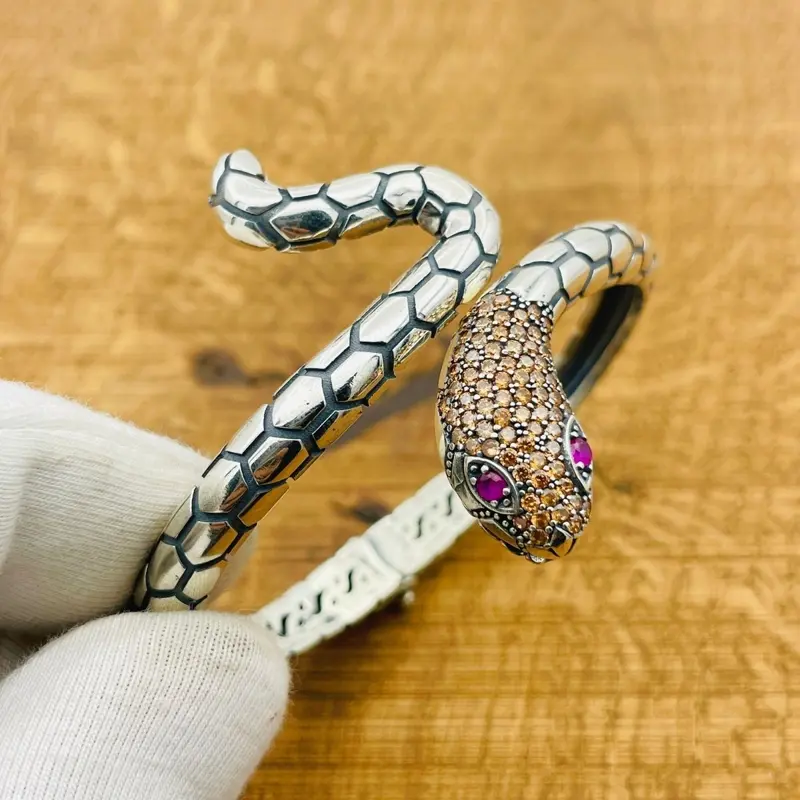 Handcrafted Turkish 925 Sterling Silver Citrine Snake Bracelet for Women - Adjustable