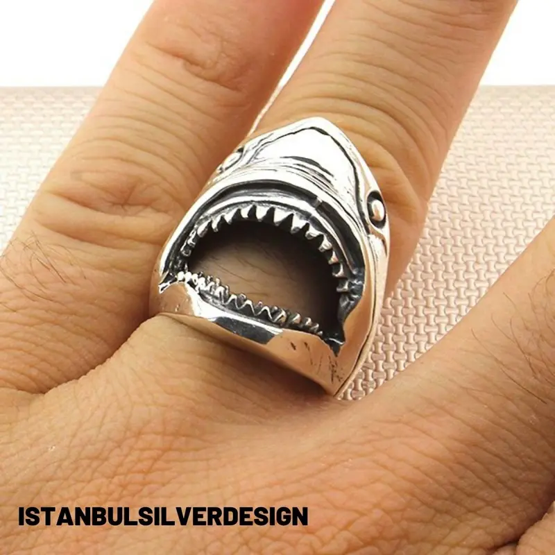 Handmade 925 Sterling Silver Shark Head Ring for Men - Bold Artisan Jewelry