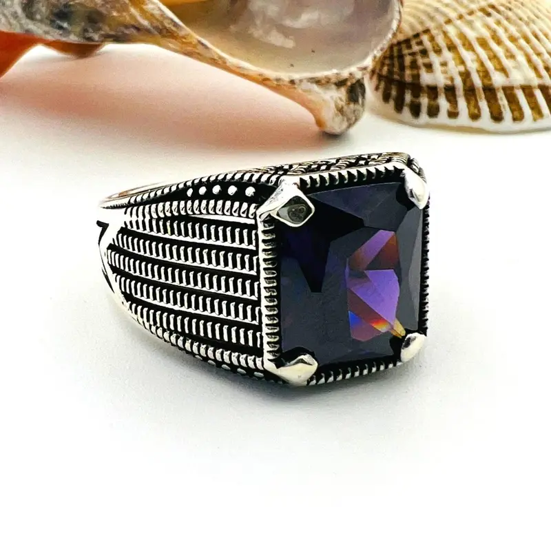 Handmade Men's Sterling Silver Amethyst Square Ring - Turkish Artisan Jewelry
