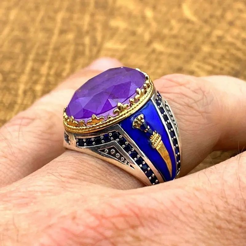 Handmade Men's Sterling Silver Purple Tourmaline Ring - Authentic Turkish Ottoman Style Statement Jewelry