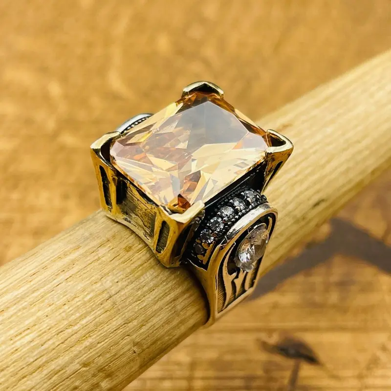 Handmade Ottoman Citrine Ring for Women - 925 Sterling Silver Turkish Jewelry Gift