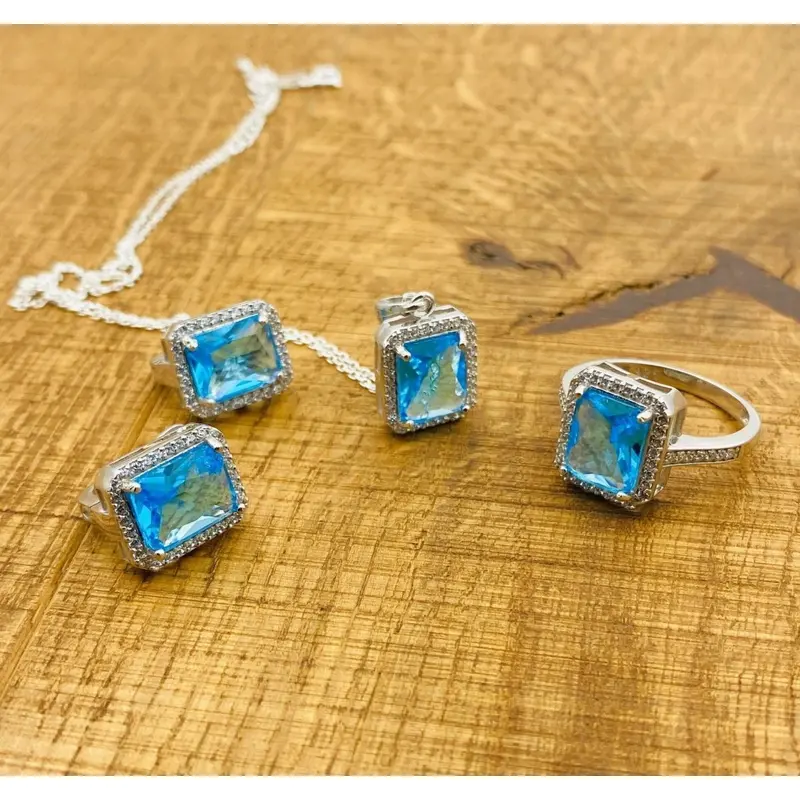 Handmade Turkish 925 Sterling Silver Aquamarine Jewelry Set | Elegant Blue Gemstone Gift for Her & Mom