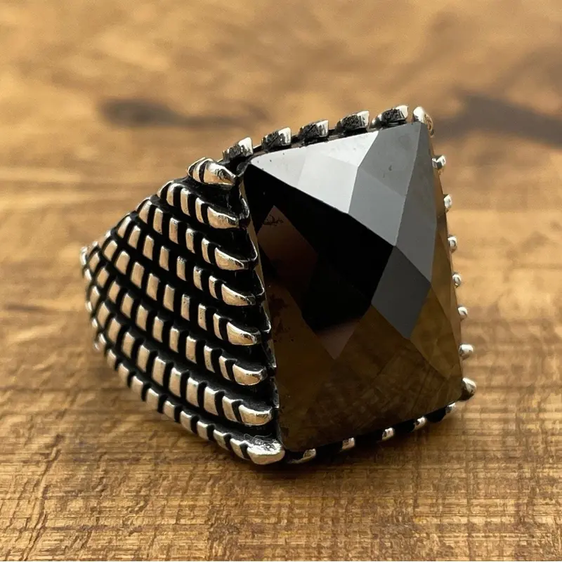 Handmade Turkish Men's Sterling Silver Black Zircon Ottoman Ring