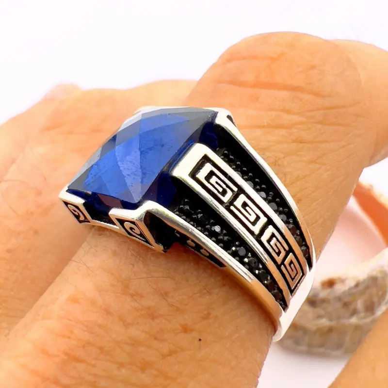 Handmade Turkish Sterling Silver Blue Sapphire Minimalist Ring for Men | Elegant Gift