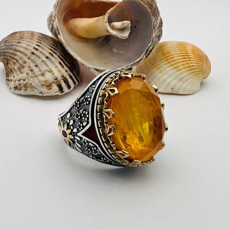Handmade Turkish Sterling Silver Men's Ring - Vibrant Orange Tourmaline Ottoman Style Gemstone