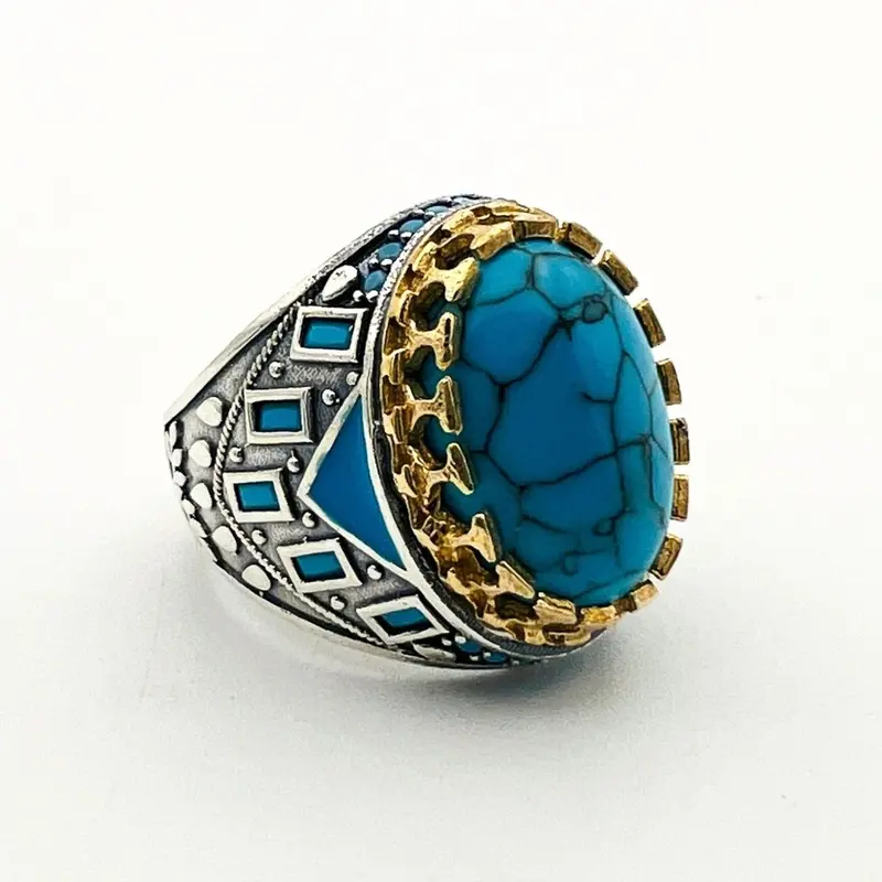 Handmade Turkish Sterling Silver Oval Turquoise Gemstone Ring for Men - Artisan Crafted Jewelry