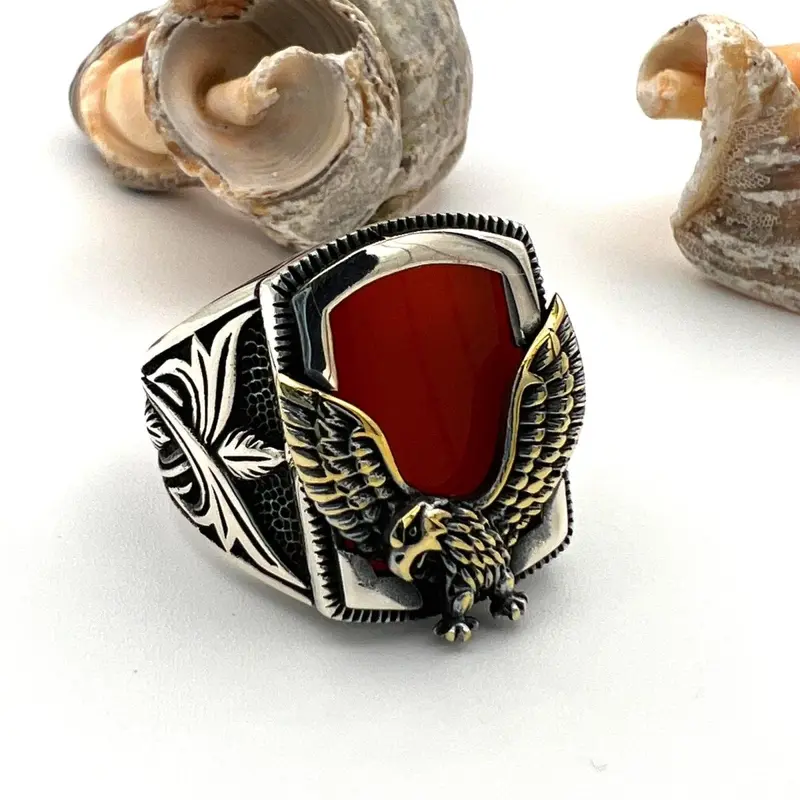 Men's Agate Eagle Ring | Handcrafted Turkish 925 Sterling Silver Jewelry