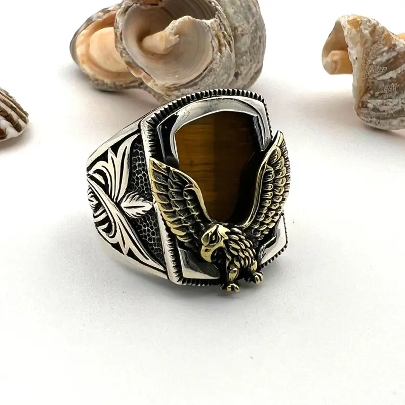 Men's Handmade 925 Sterling Silver Tiger's Eye Eagle Ring | Authentic Turkish Craftsmanship