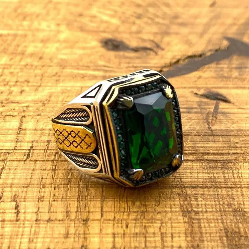 Men's Handmade Sterling Silver Ottoman Emerald Ring - Authentic Turkish Jewelry