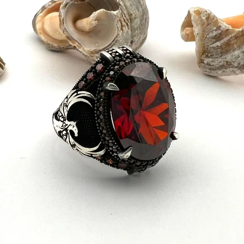 Men's Handmade Sterling Silver Ruby Eagle Ottoman Statement Ring