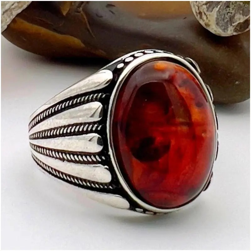 Men's Handmade Turkish Red Amber Ring - 925 Sterling Silver Oval Statement Jewelry Gift