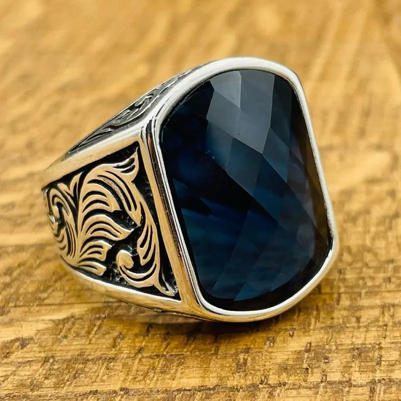 Men's Handmade Turkish Sterling Silver Blue Zircon Square Ring | Artisan Gift