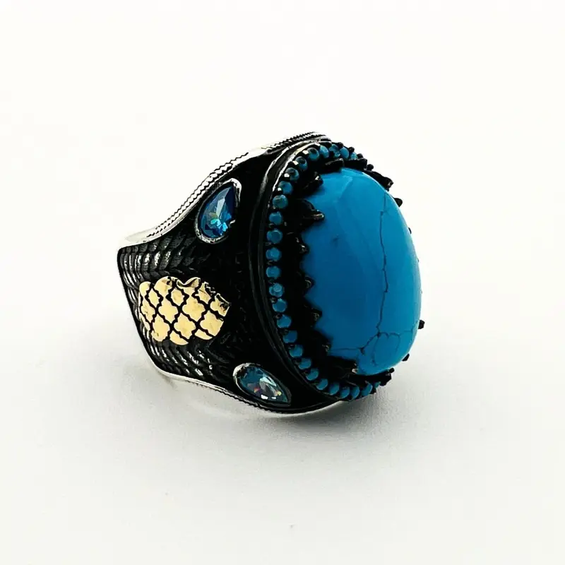 Men's Minimalist Turquoise Oval Ring - Handcrafted 925 Sterling Silver Artisan Gemstone Jewelry Gift