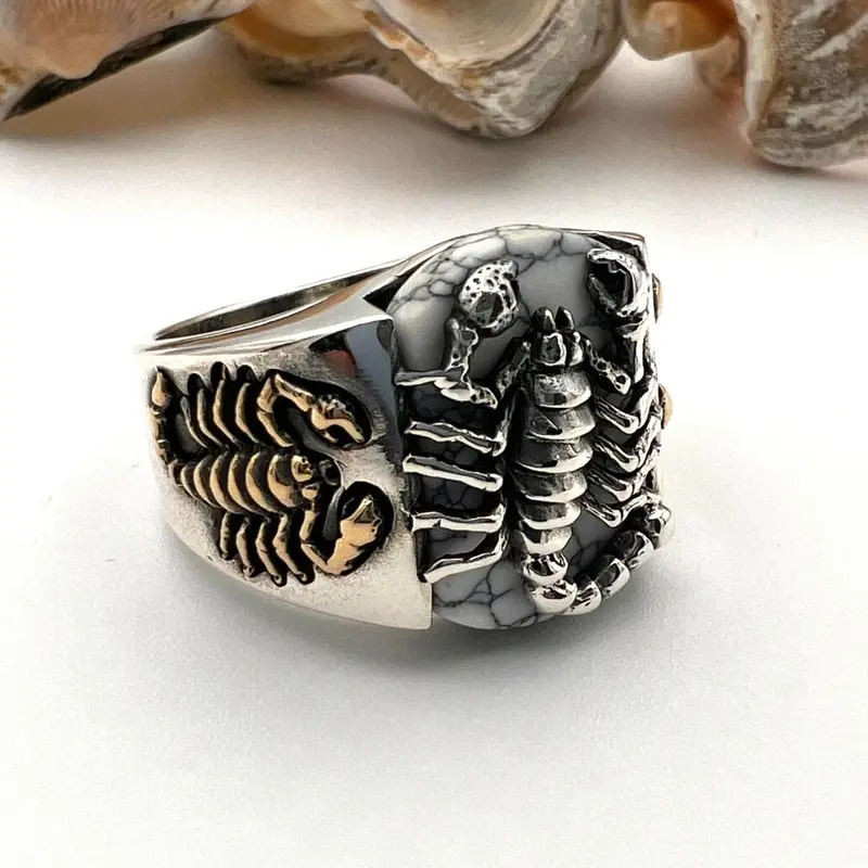 Men's Turkish Handmade 925 Sterling Silver Ottoman Scorpion Ring with Turquoise Stone