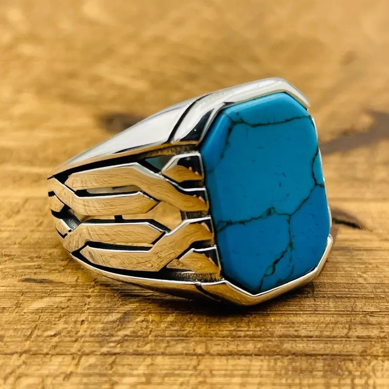 Ottoman Handmade 925 Sterling Silver Men's Ring with Square Blue Turquoise - Turkish Artisan Statement Jewelry