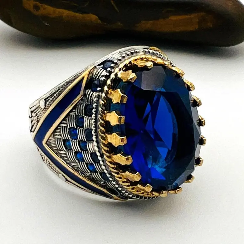 Ottoman Style Handmade Blue Sapphire Oval Sterling Silver Ring - Royal Turkish Design Gift for Men