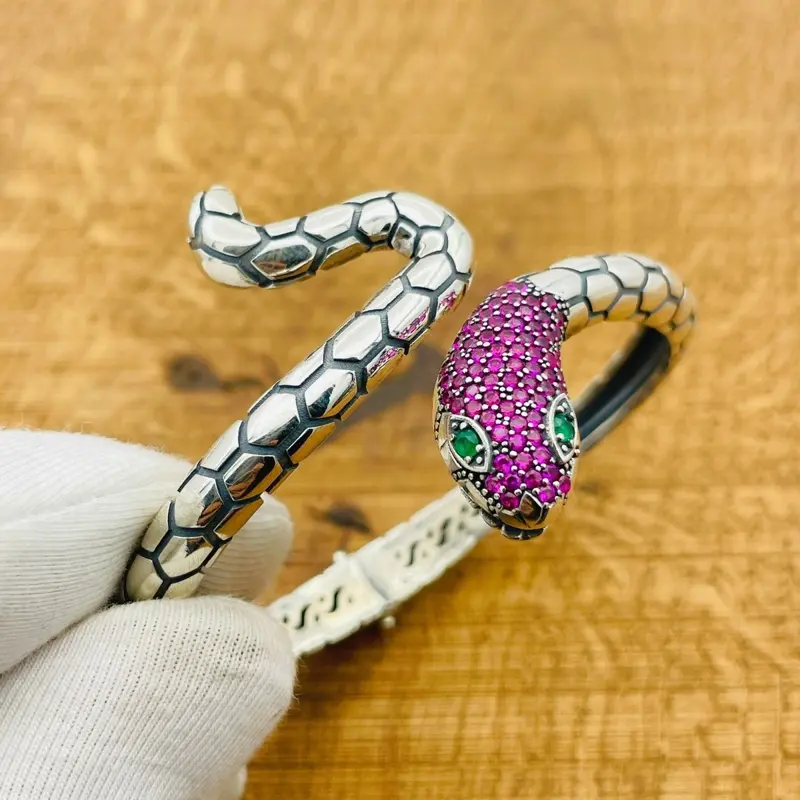 Turkish Handmade 925 Sterling Silver Amethyst Snake Bracelet - Adjustable Cuff for Women | Unique Gift