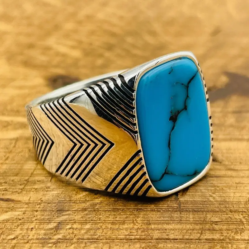 Turkish Handmade Men's Sterling Silver Blue Turquoise Square Ring