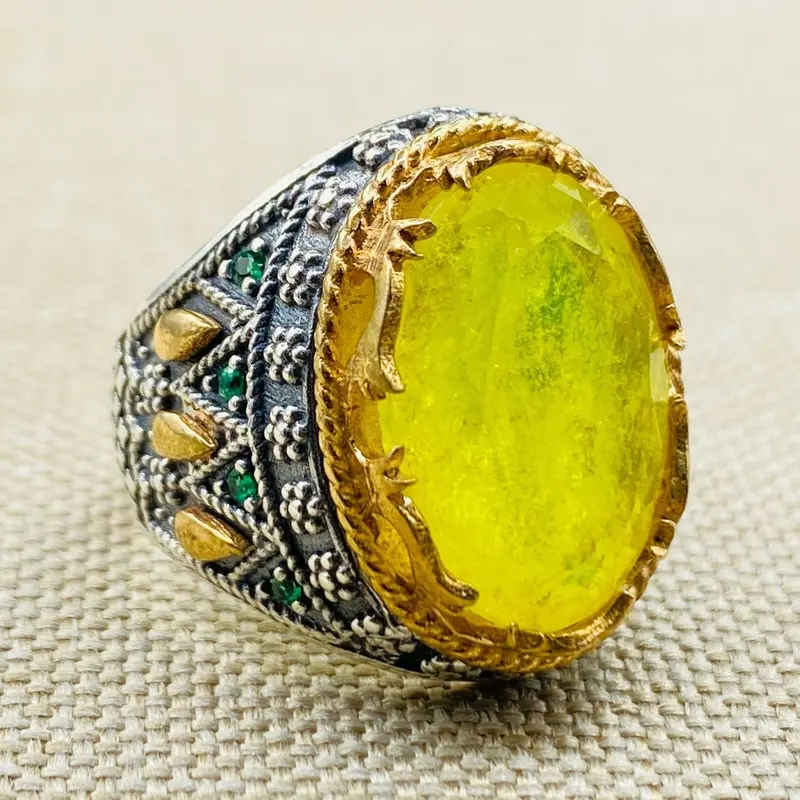 Vibrant Yellow Tourmaline Men's Ring | Handcrafted Turkish 925 Sterling Silver | Unique Gemstone Jewelry Gift